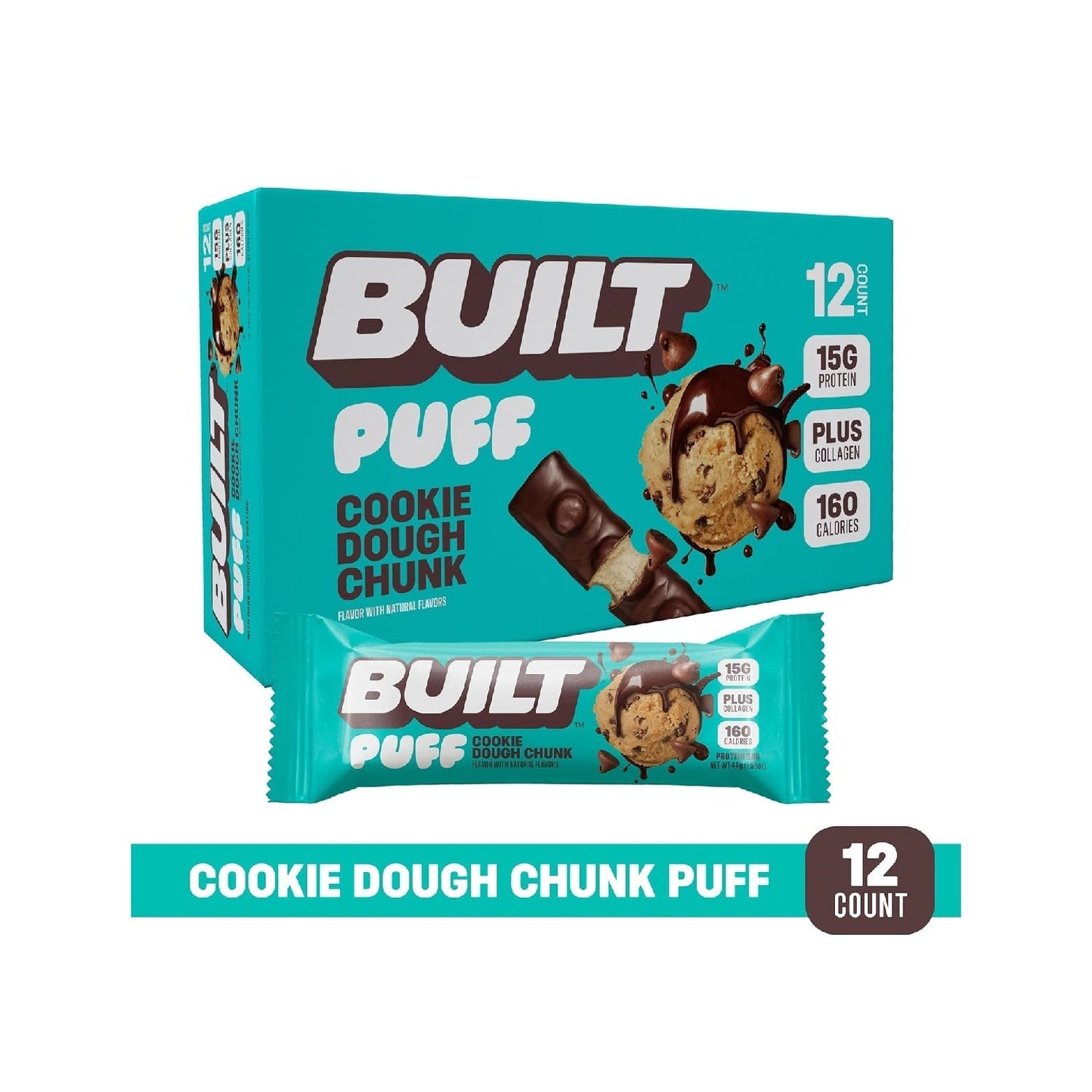 Built Bar, Puff Protein Bars, 15g Protein Snacks, Only 160 Calories, 8g Sugar, Collagen, Not Gluten Free, 12 Count
