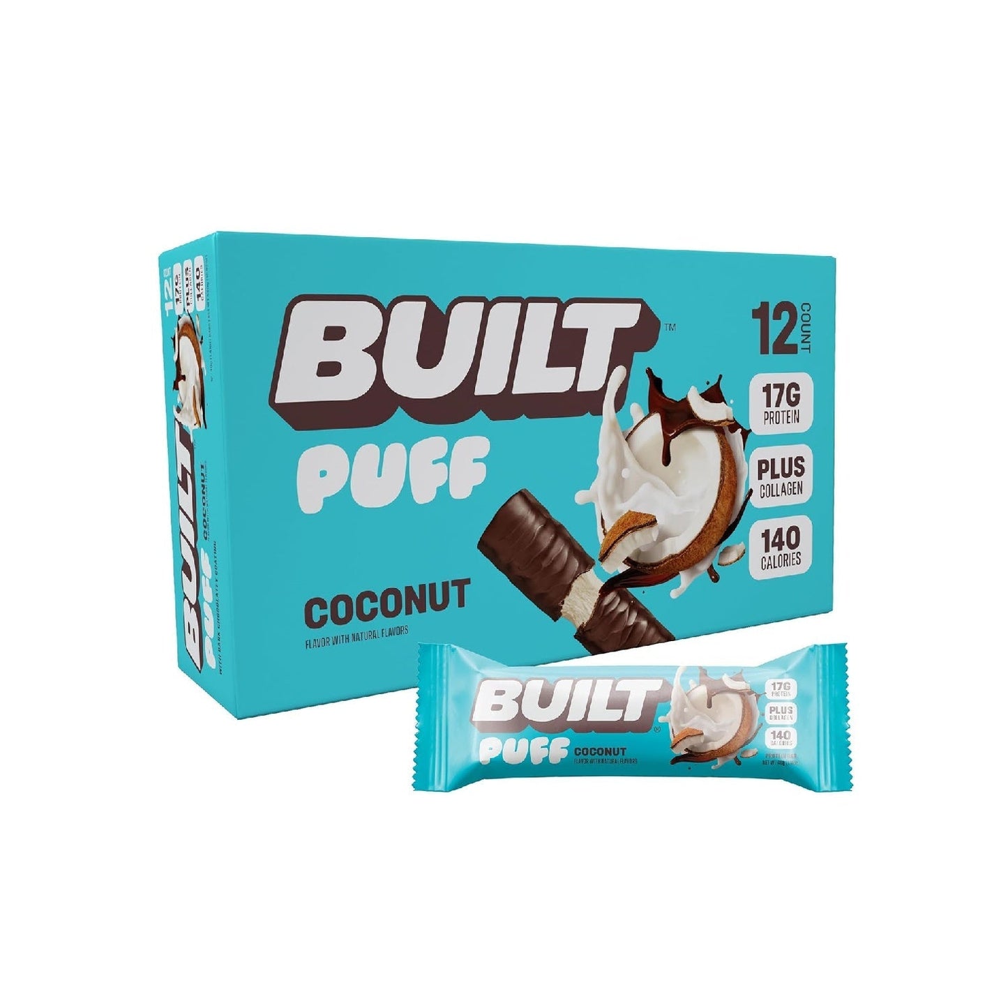 Built Bar, Puff Protein Bars, 15g Protein Snacks, Only 160 Calories, 8g Sugar, Collagen, Not Gluten Free, 12 Count