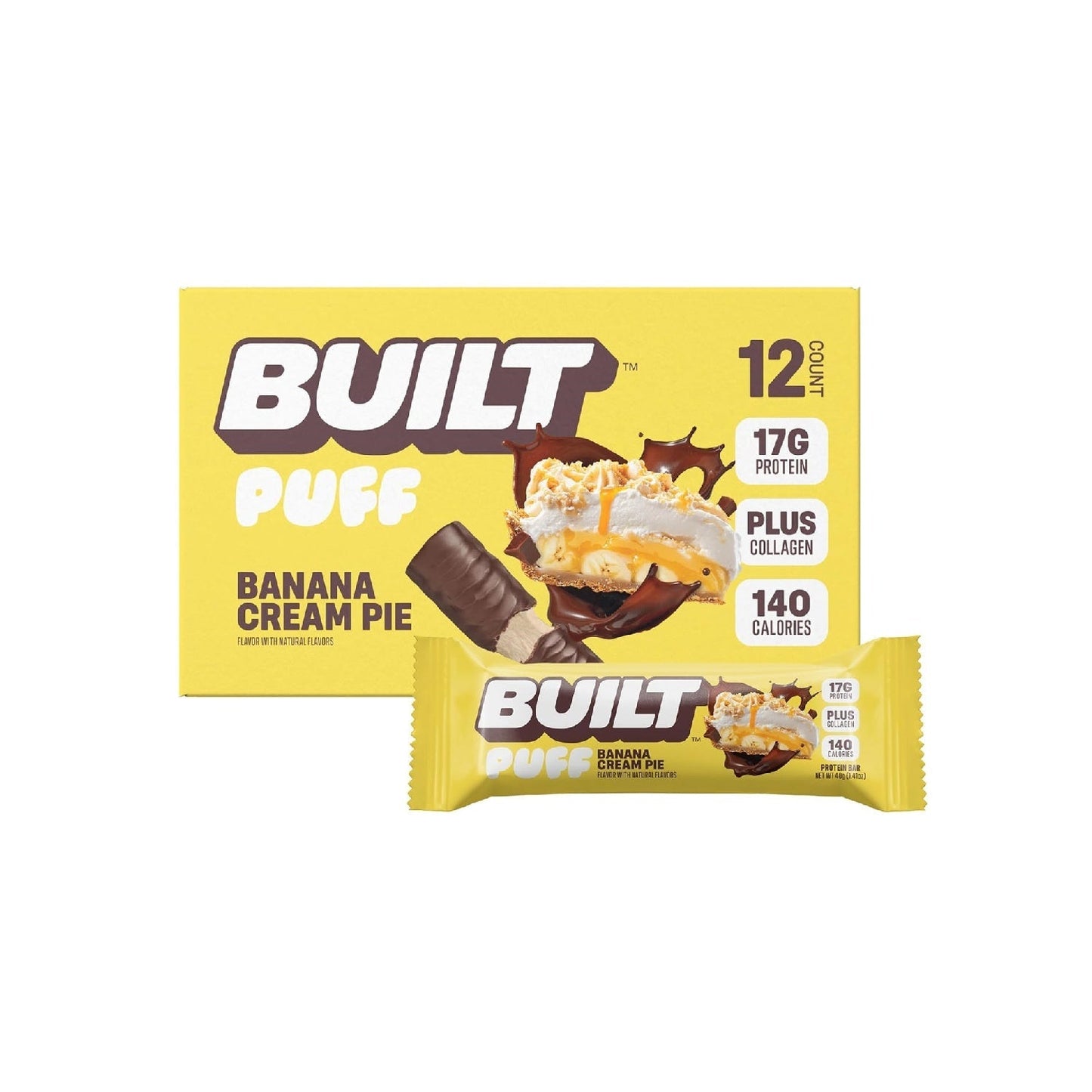 Built Bar, Puff Protein Bars, 15g Protein Snacks, Only 160 Calories, 8g Sugar, Collagen, Not Gluten Free, 12 Count
